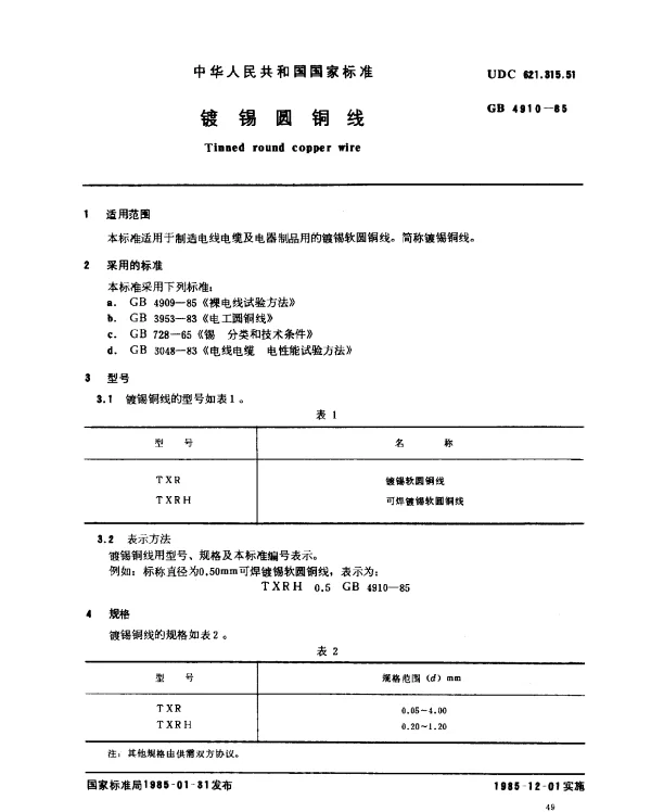 GB 4910-1985 镀锡圆铜线
