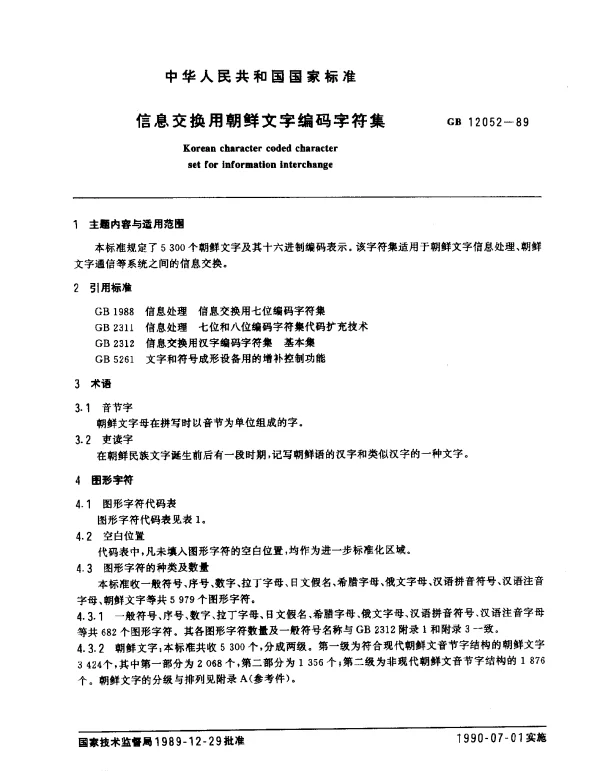 GB 12052-1989 信息交换用朝鲜文字编码字符集