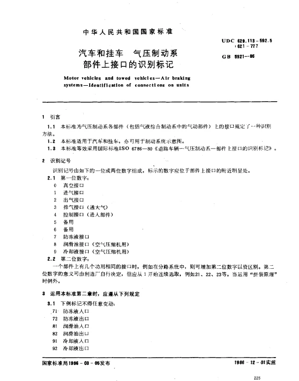 GB 5921-1986 汽车和挂车 气压制动系部件上接口的识别标记