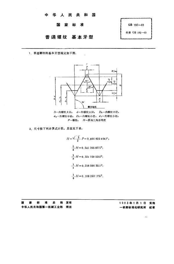 GB 192-1981 普通螺纹 基本牙型