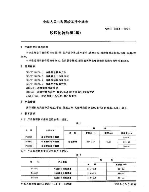 QBT 1865-1993 胶印轮转油墨（黑）