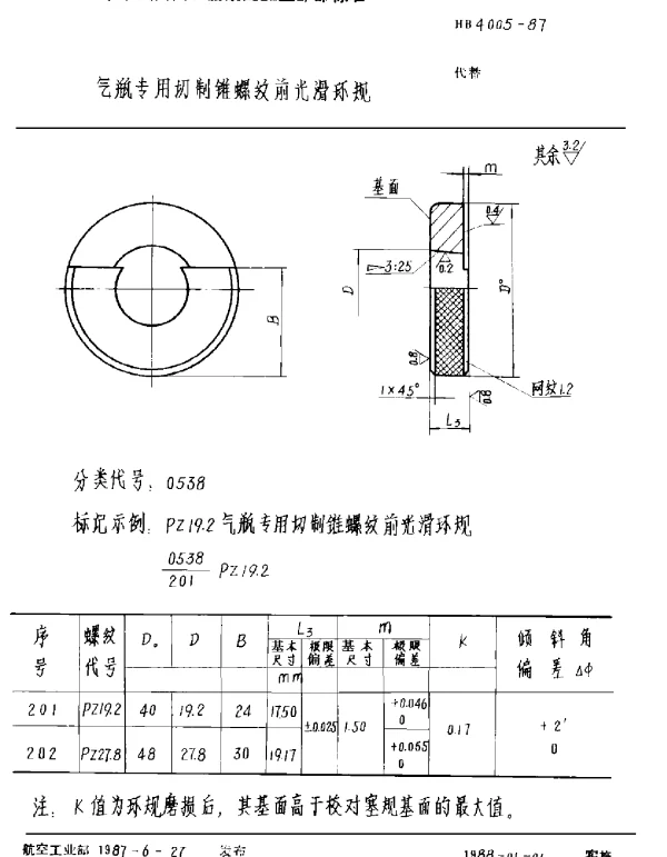 HB 4005-1987 气瓶专用切制锥螺纹前光滑环规