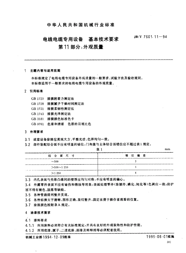 JBT 7601.11-1994 电线电缆专用设备 基本技术要求 第11部分： 外观质量