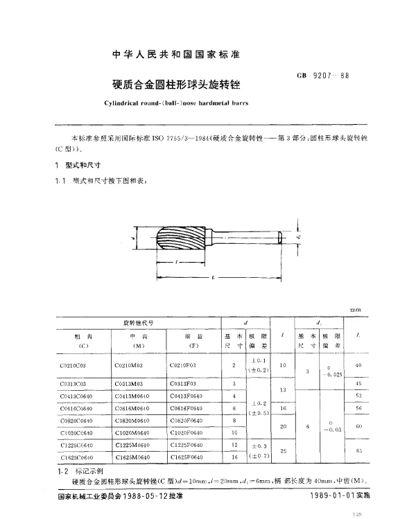GB 9207-1988 硬质合金圆柱形球头旋转锉
