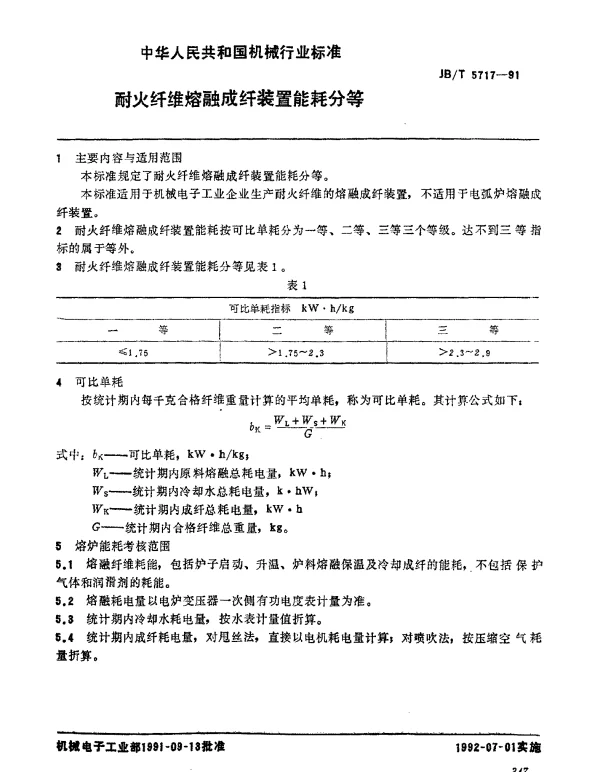 JBT 5717-1991 耐火纤维熔融成纤装置 能耗分等