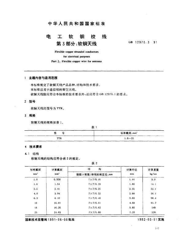 GB 12970.3-1991 电工软铜绞线 第3部分：软铜天线