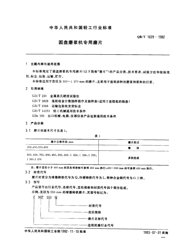 QBT 1629-1992 圆盘磨浆机专用磨片