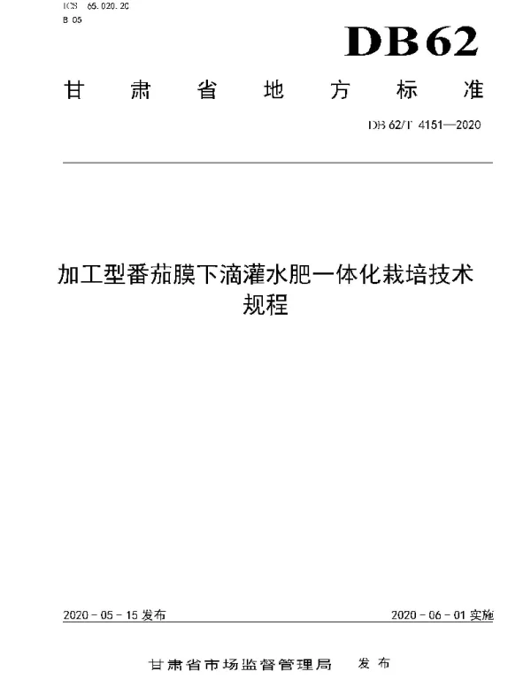 DB62T 4151-2020 加工型番茄膜下滴灌水肥一体化栽培技术规程
