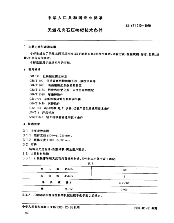 ZB Y91010-1989 天然花岗石压榨辊技术条件