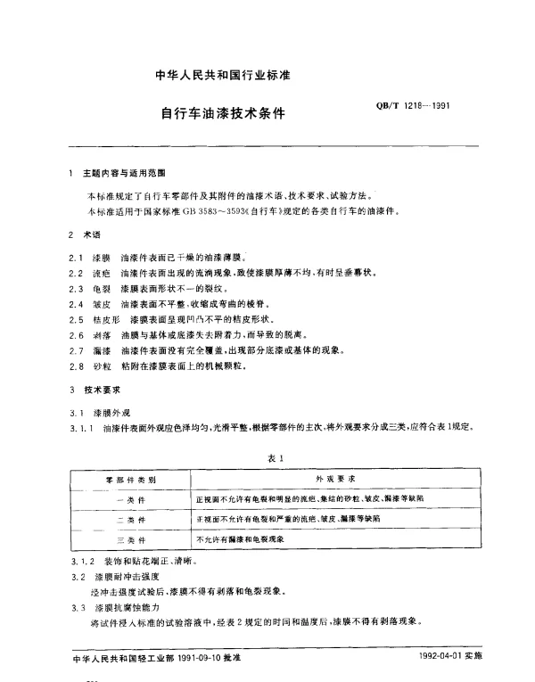 QBT 1218-1991 自行车油漆技术条件