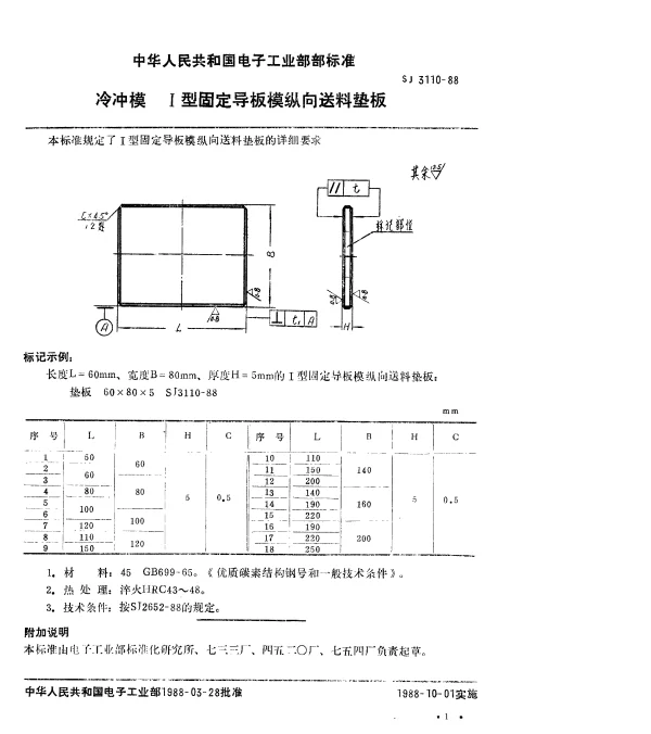 SJ 3110-1988 冷冲模.Ⅰ型固定导板模纵向送料垫板