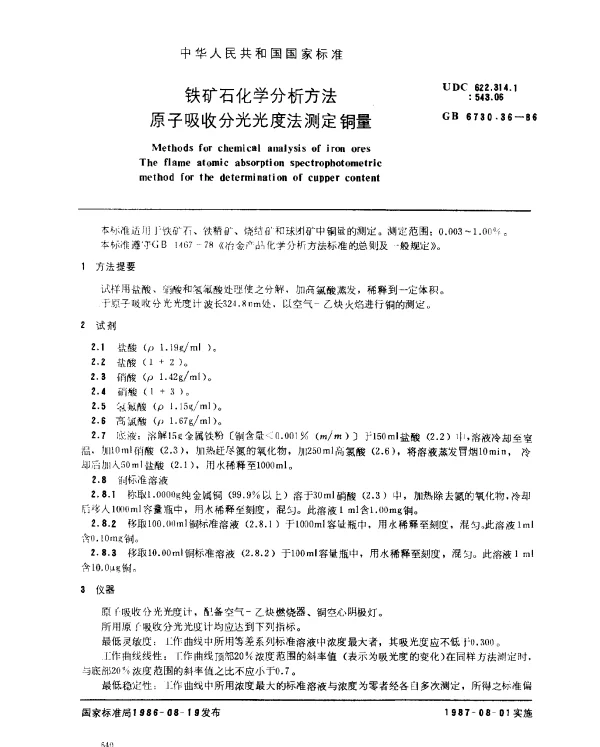 GB 6730.36-1986 铁矿石化学分析方法 原子吸收分光光度法测定铜量