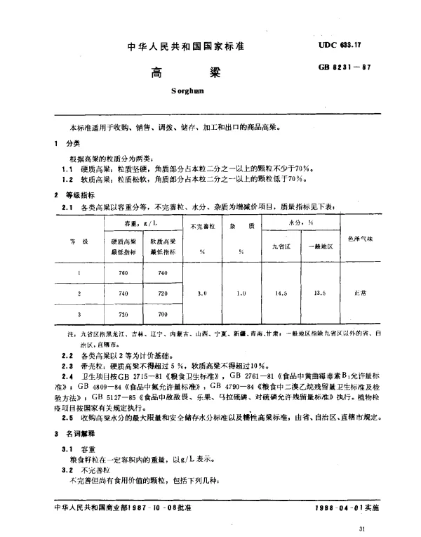 GB 8231-1987 高粱