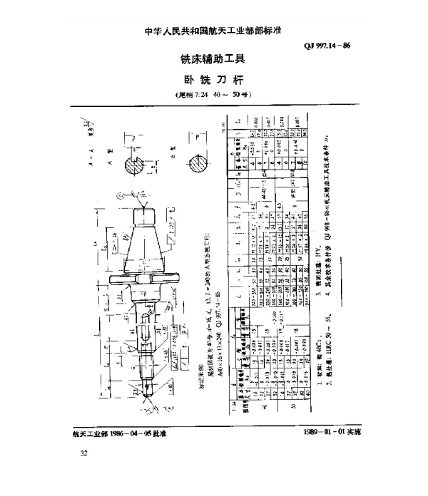 QJ 997.14-1986 铣床辅助工具 卧铣刀杆(尾柄 7∶24 40~50号)