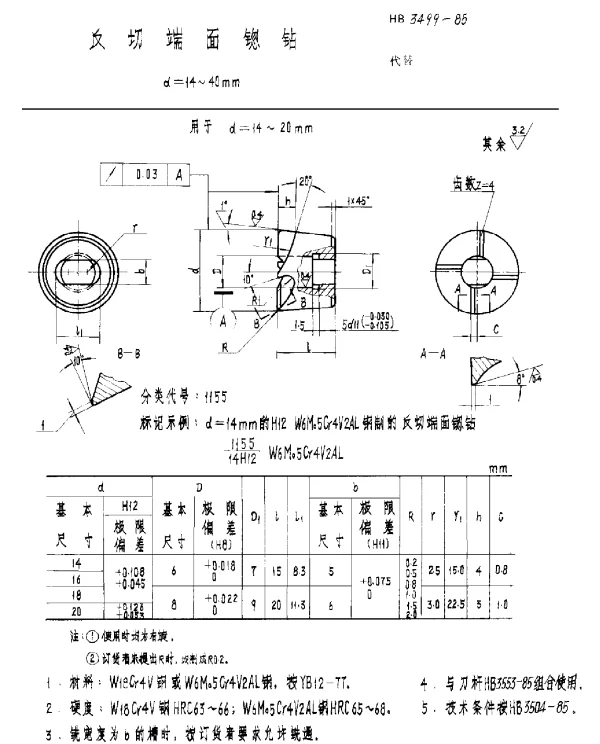 HB 3499-1985 反切端面锪钻 d=14~40mm