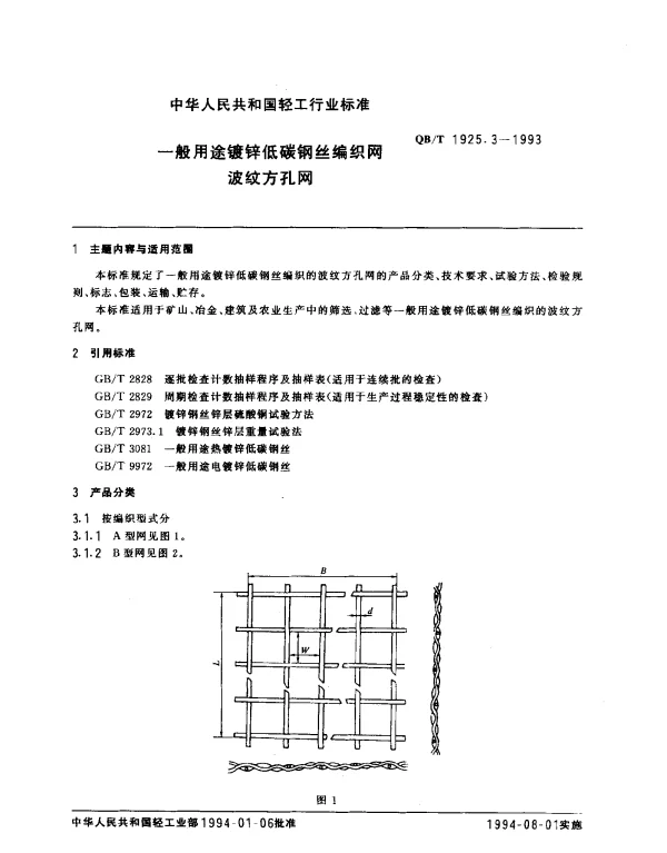QBT 1925.3-1993 一般用途镀锌低碳钢丝编织网.波纹方孔网