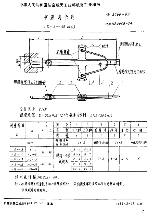HB 2068-1989 普通内卡钳(D=6~50mm)