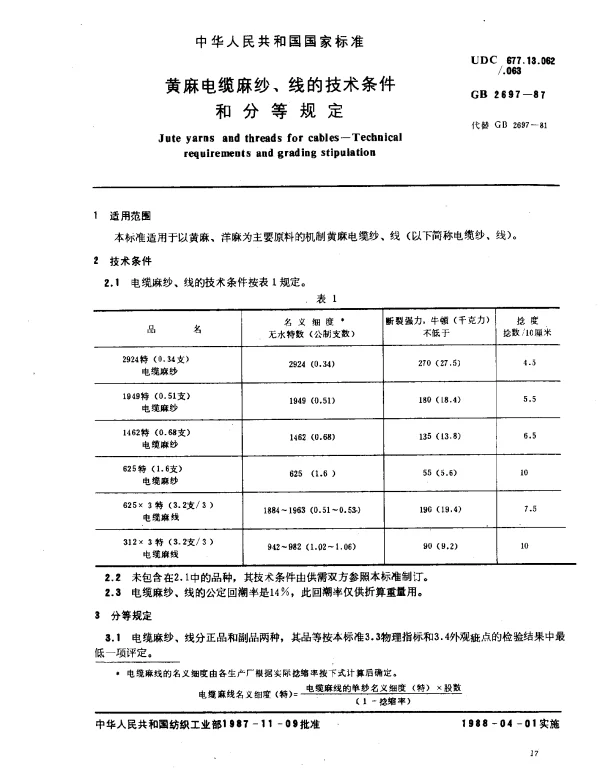 GB 2697-1987 黄麻电缆麻纱、线的技术条件和分等规定