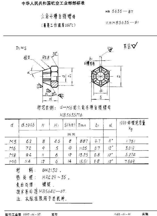 HB 5635-1987 六角开槽自锁螺母(最高工作温度650°C)