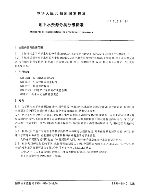 GB 15218-1994 地下水资源分类分级标准