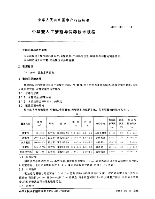 SCT 1010-1994 中华鳖人工繁殖与饲养技术规程