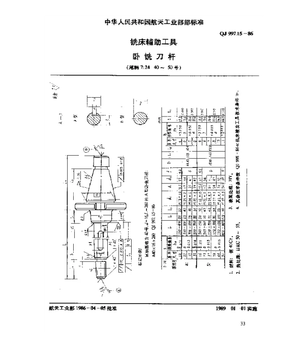 QJ 997.15-1986 铣床辅助工具 卧铣刀杆(尾柄 7∶24 40~50号)