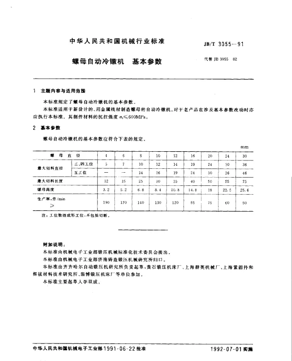 JBT 3055-1991 螺母自动冷檄机.基本参数