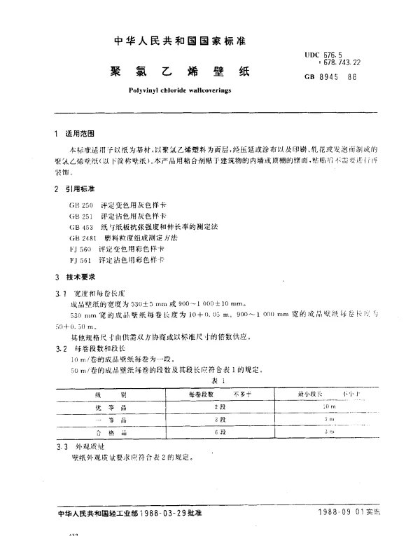 GB 8945-1988 聚氯乙烯壁纸