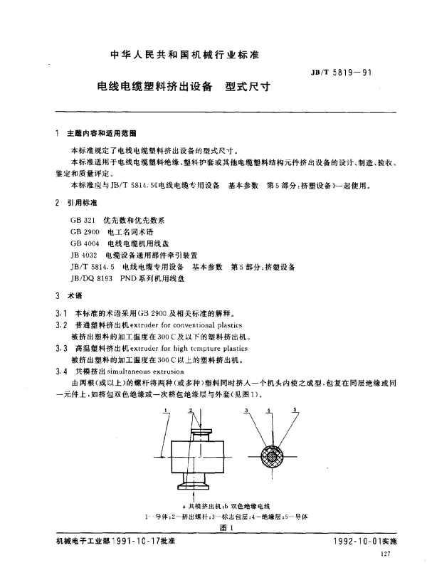 JBT 5819-1991 电线电缆塑料挤出设备 型式尺寸