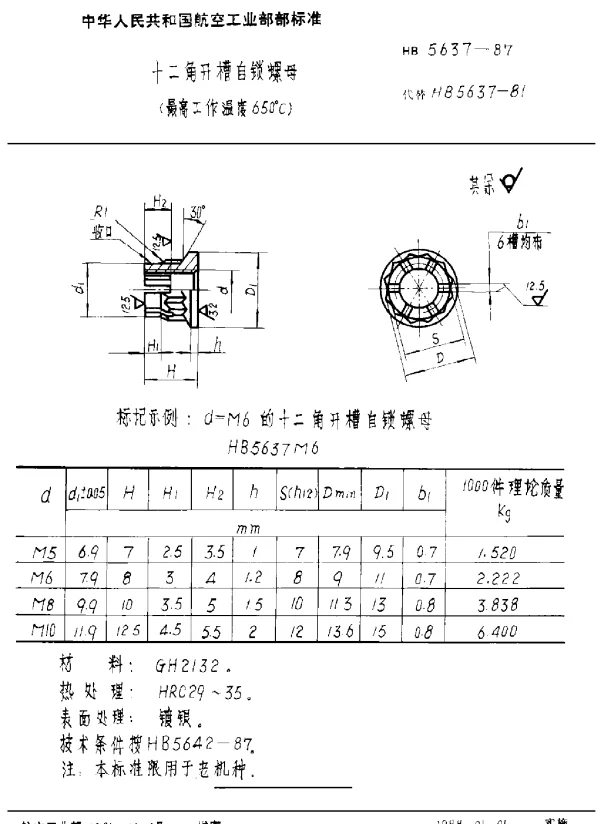 HB 5637-1987 十二角开槽自锁螺母(最高工作温度650°C)