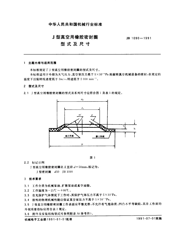 JB 1090-1991 J型真空用橡胶密封圈型式及尺寸
