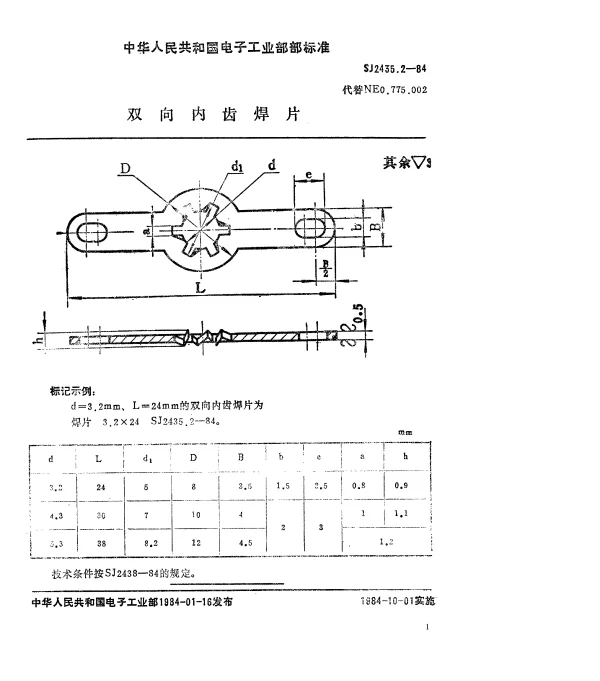 SJ 2435.2-1984 双向内齿焊片