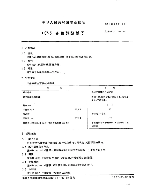 ZB G51 040-1987 C07-05 各色醇酸腻子