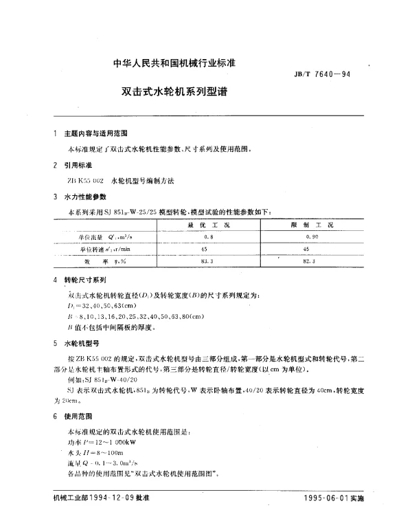 JBT 7640-1994 双击式水轮机系列型谱