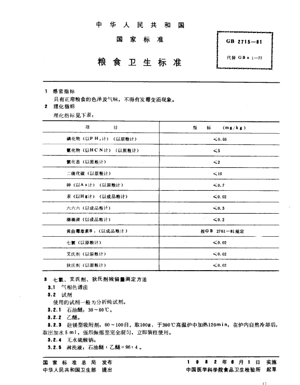 GB 2715-1981 粮食卫生标准