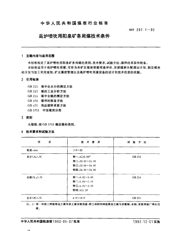 MT 297.1-1992 高炉喷吹用阳泉矿务局煤技术条件
