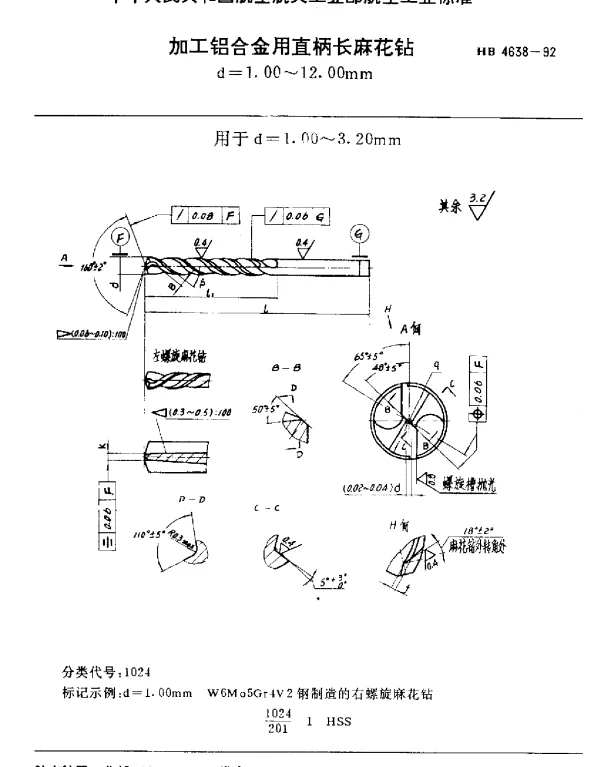 HB 4638-1992 加工铝合金用直柄长麻花钻.d=1.00~12.00mm
