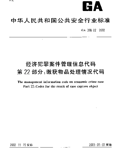 GA 398.22-2002 经济犯罪案件信息管理代码 第22部分：缴获物品处理情况代码