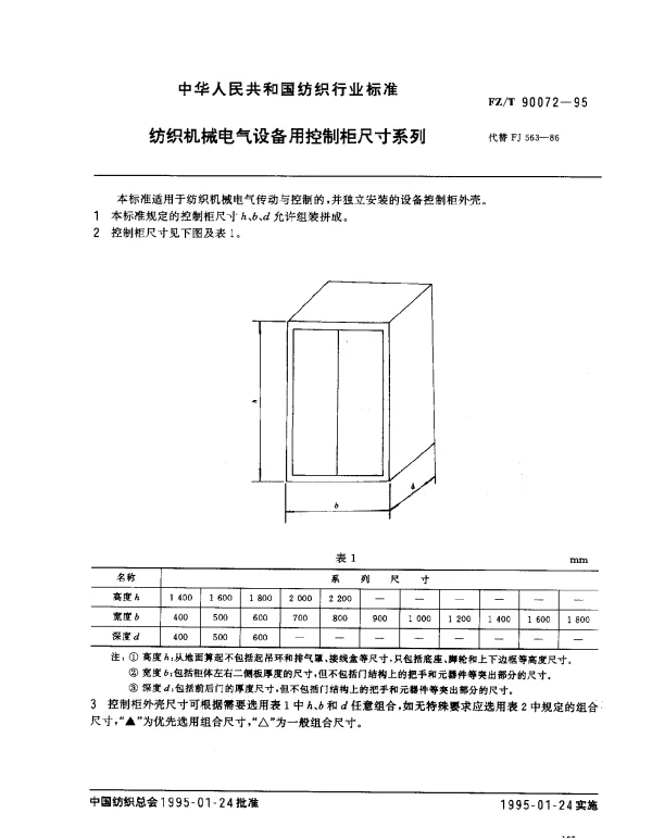 FZT 90072-1995 纺织机械电气设备用控制柜尺寸系列