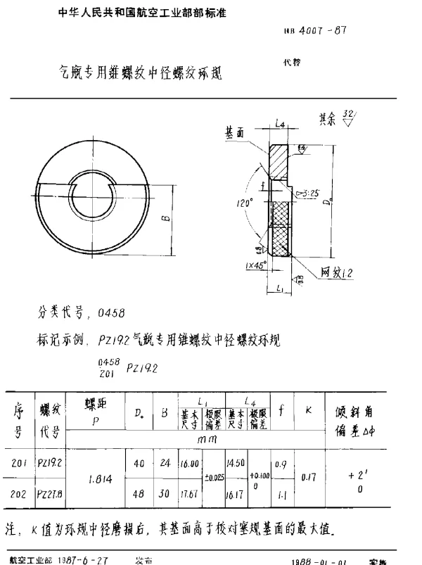 HB 4007-1987 气瓶专用锥螺纹中径螺纹环规