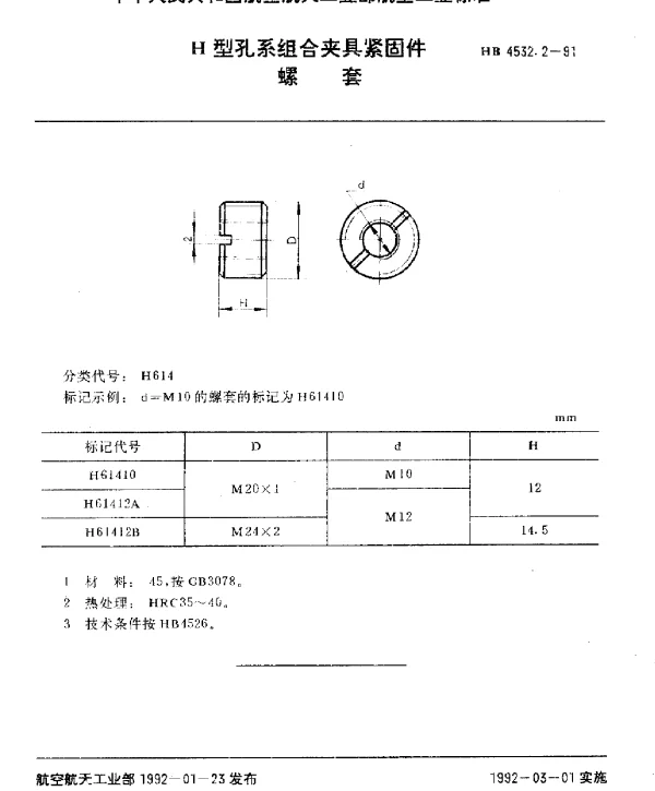 HB 4532.2-1991 H型孔系组合夹具紧固件.螺套