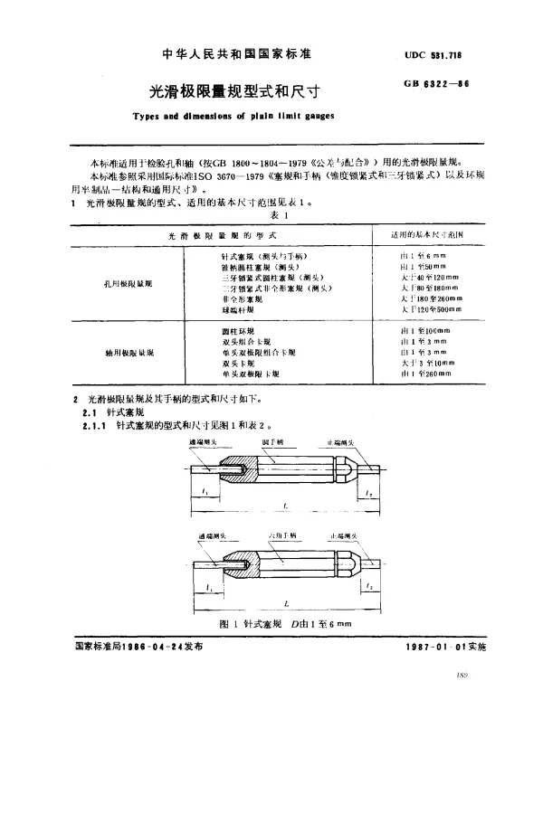 GB 6322-1986 光滑极限量规型式和尺寸