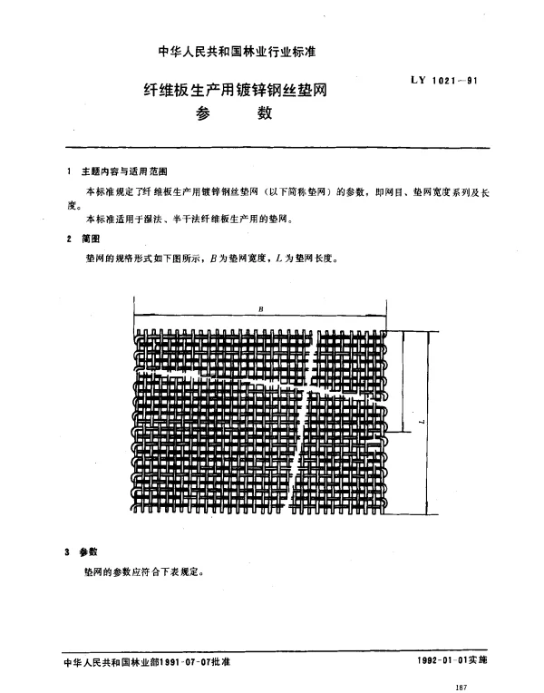 LY 1021-1991 纤维板生产用镀锌钢丝垫网参数
