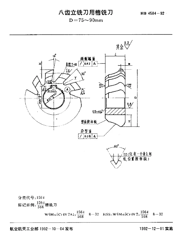 HB 4584-1992 八齿立铣刀用槽铣刀.D=75~90mm