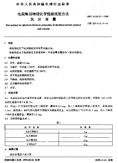 JBT 8133.17-1999 电炭制品物理化学性能试验方法.灰分含量