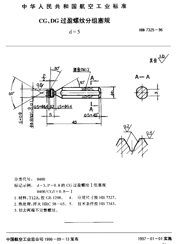 HB 7325-1996 CG、DG过盈螺纹分组塞规