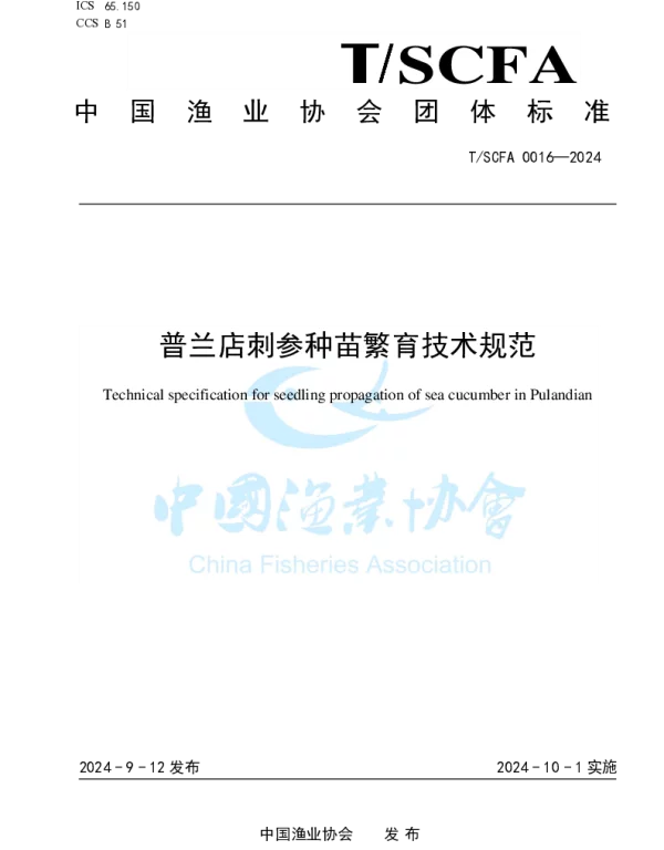 TSCFA 0016-2024 普兰店刺参种苗繁育技术规范