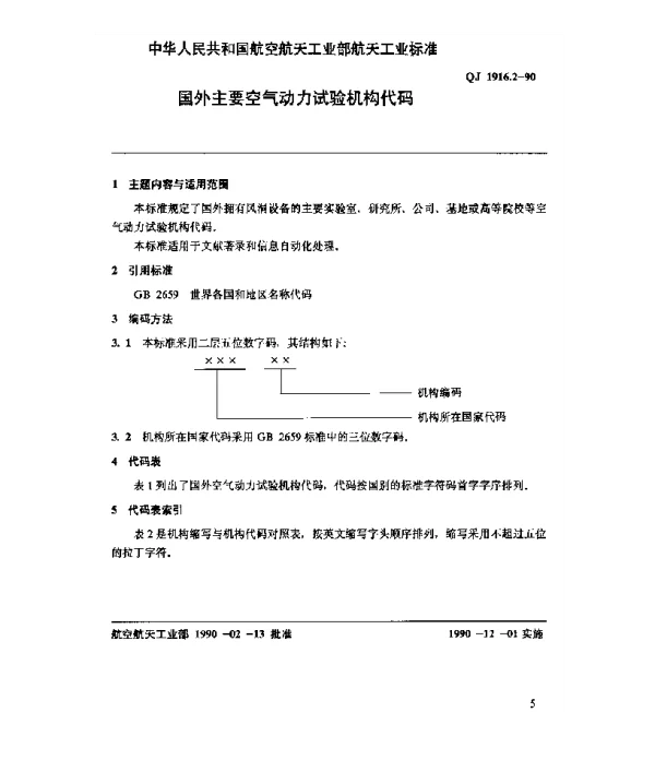 QJ 1916.2-1990 空气动力数据库数据元 国外主要空气动力试验机构代码