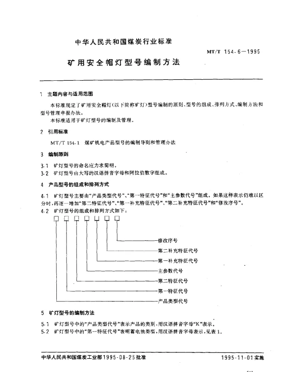 MTT 154.6-1995 矿用安全帽灯型号编制方法