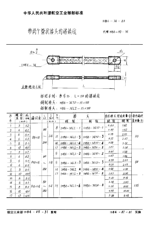HB 6-74-1983 带两个管状接头的搭铁线